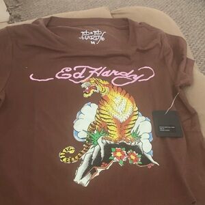 Ed Hardy Brown Tee with Yellow & Pink Tiger Graphic